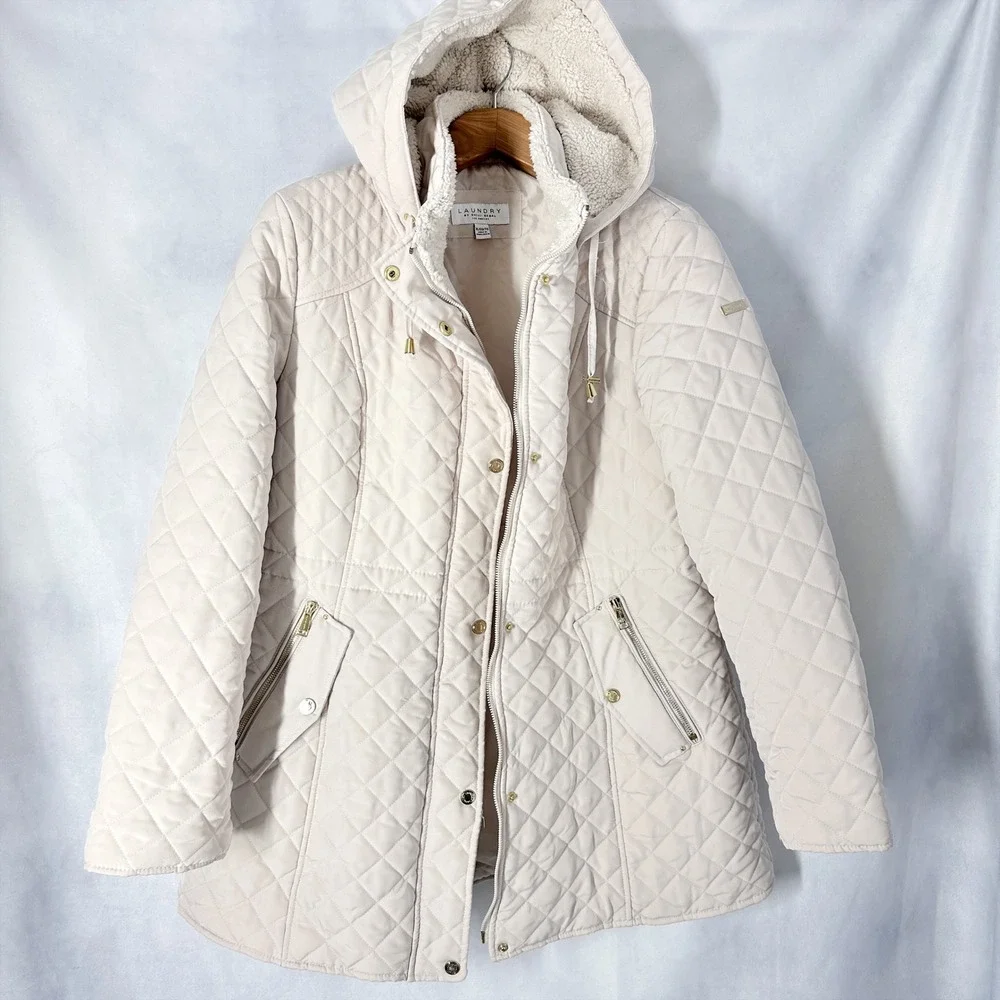 Laundry by Shelli Segal Cream Quilted Hooded Mid-Length Jacket Women's Size XL
